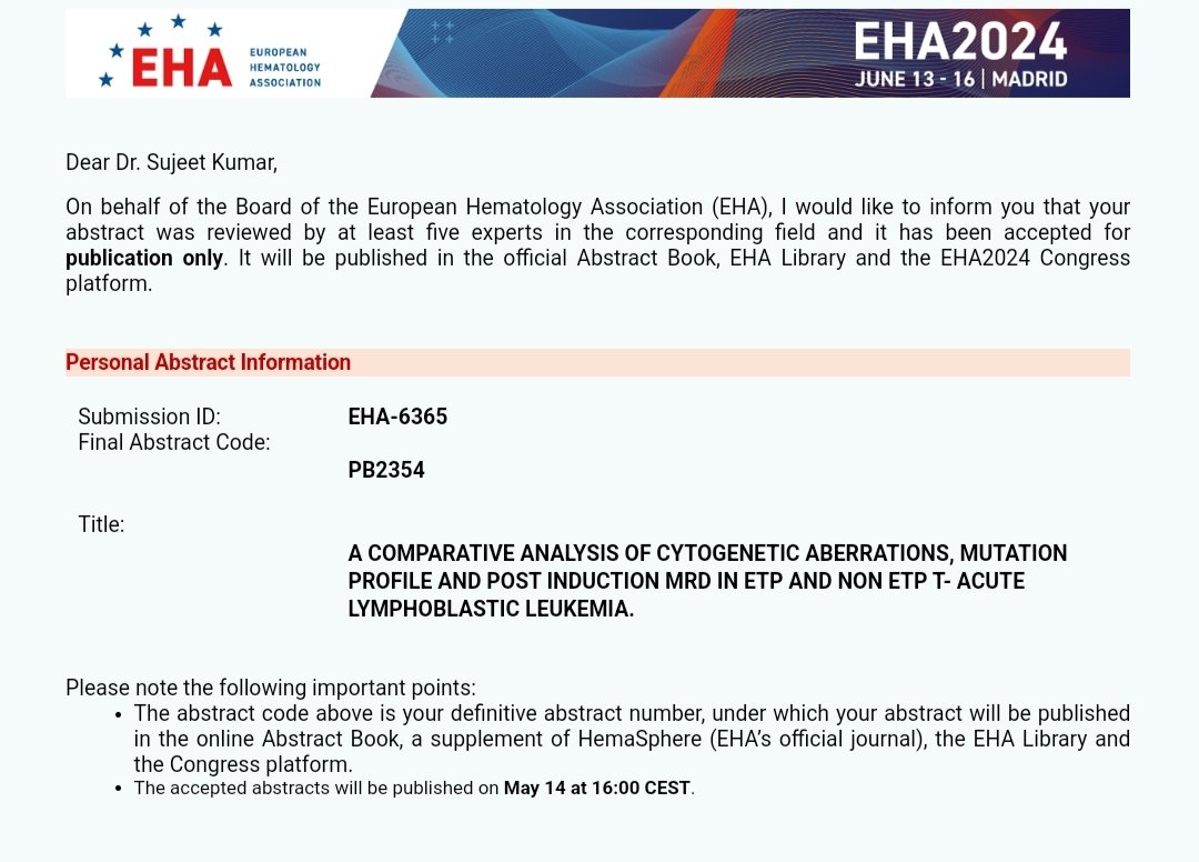 sujeethemat's tweet photo. 5 abstracts selected for the @EHA_Hematology annual meeting in #Madrid 🇪🇸 

Particularly happy to see the abstract on concept of TKI free interval  for planned pregnancy getting selected. https://t.co/fPHqU1rqmt