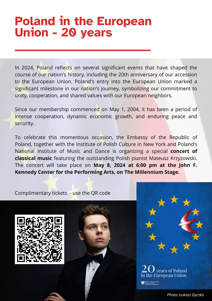 Exciting Announcement! Join us for a special piano concert by Mateusz Krzyżowski at @kencen, celebrate 20 years of 🇵🇱 membership in 🇪🇺! 📅 May 8, 2024 🕕 6:00 pm 🏛 The Millennium Stage at The Kennedy Center 🎟️are FREE, but reservation is required: bit.ly/PLEU20KENCEN