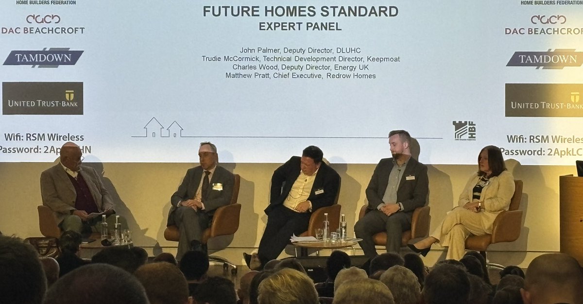 At our Future Homes Standard expert panel… 🔹 John Palmer, Deputy Director at @luhc, gives an update on the roadmap for the Future Homes Standard regulations. 🔹 Trudie McCormick, Technical Development Director at @KeepmoatHomes shares findings from their Future Homes Standard…