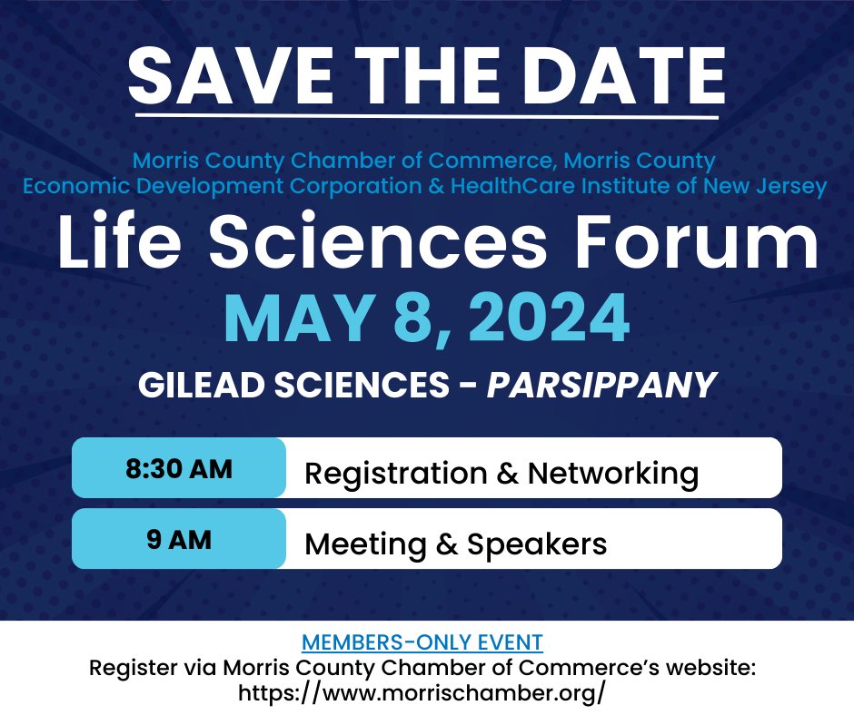 SAVE THE DATE: HINJ is proud to partner with @MorrisChamberNJ & @MCEconDev for the Life Sciences Forum on 5/8 from 8:30-10 a.m. at @GileadSciences in #Parsippany – featuring speakers from Gilead, Zimmer Biomet, Ferring & more. Learn more & register online: web.morrischamber.org/events/Life-Sc…