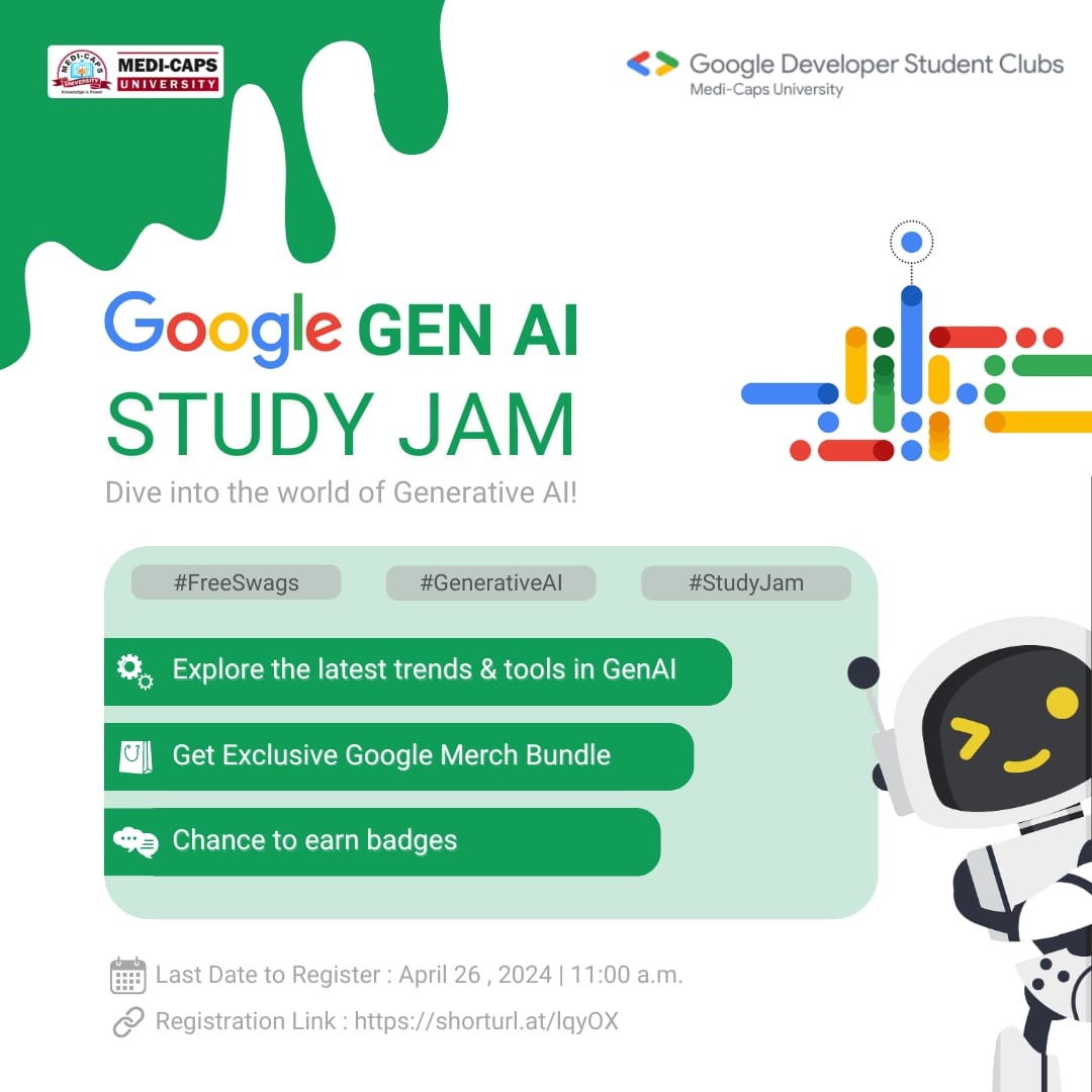 MU-GDSC introduces the GenAI Study Jam: Your gateway to unlocking the potential of artificial intelligence! 🚀
🔗Register here: shorturl.at/lqyOX 
⏳Registration deadline: April 26,2024| until 11:00 a.m.