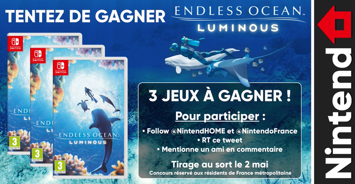 NintendHOME's tweet photo. 🎁 Concours – Partez à la découverte de l’océan ! Tentez de gagner #EndlessOceanLuminous, 3 gagnants tirés au sort.
 
Pour participer :
▶️ Follow @NintendHOME et @NintendoFrance
🔄 RT ce tweet
👤 Tag un ami avec qui tu aimerais explorer les fonds marins
📅 Tirage au sort le 02/05 https://t.co/2PXSSkrnd0