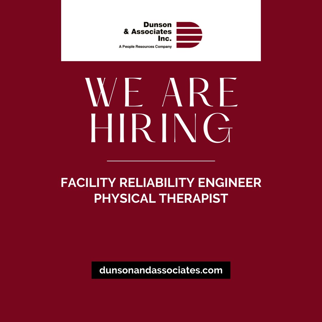 Are you a good fit? Apply now!

Facility Reliability Engineer
Location: Southern, AR
Details: bit.ly/43p4Qw8 

Physical Therapist
Location: Santa Rosa, CA
Details: dunsonandassociates.com/open-jobs.html…

#FacilityReliabilityEngineer #PhysicalTherapist #JobApplication