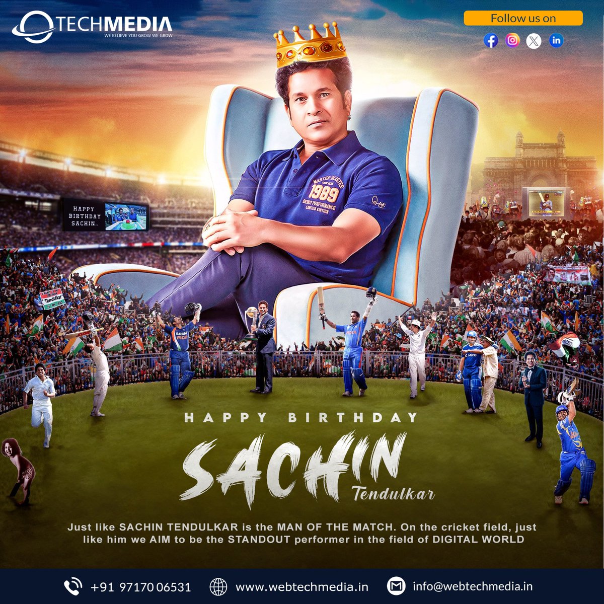 TechmediaWeb's tweet photo. Just like @sachin_rt is the MAN OF THE MATCH. On the cricket field, just like him, we AIM to be the STANDOUT performer in the field of DIGITAL WORLD. 

#SachinTendulkar #sachintendulkar𓃵 #HappyBirthdaySachinTendulkar #lagend #legendofcricket #GodOfCricket https://t.co/MH3529lCAz