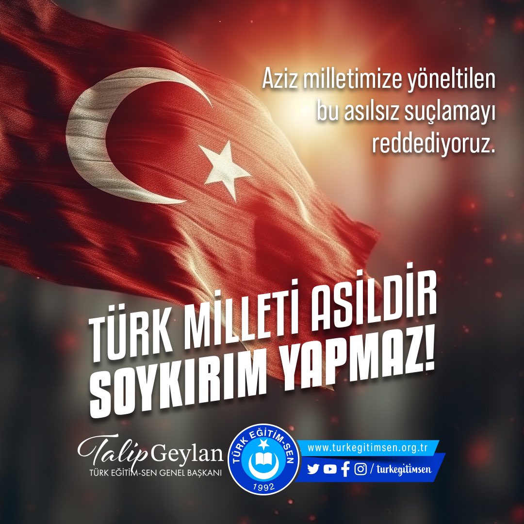 TalipGeylan06's tweet photo. Türk Milleti asildir, soykırım yapmaz!

Ermeni soykırımı yoktur!

Emperyalizmin salyalı köpekler gibi vatanımıza çullandığı bir dönemde, işbirlikçi vahşi bir İHANET ve devletimizin ihanete karşı aldığı haklı TEDBİRLER vardır!

Emperyalizmin uşaklığını yapan işbirlikçi ihanete karşı milletimizin namusu ve vatanımızın istiklali için haysiyetli ve insani tedbirleri hakkıyla ifa eden devlet adamlarımızı minnet ve rahmetle anıyorum.
Aziz ruhları şad olsun.
#ErmeniSoykırımıYoktur
#TürkMilletiAsildirSoykırımYapmaz