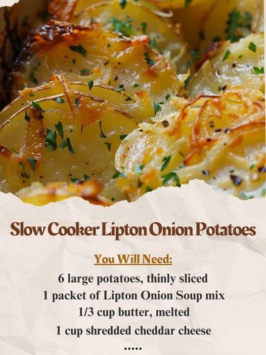 'Slow Cooker Lipton Onion Potatoes 😍 Ingredients: - 6 large potatoes, thinly sliced - 1 packet of Lipton Onion Soup mix - 1/3 cup butter, melted - 1 cup shredded cheddar cheese (optional) - 1/2 cup chicken broth or water - Salt and pepper to taste - Cooking spray or butter for