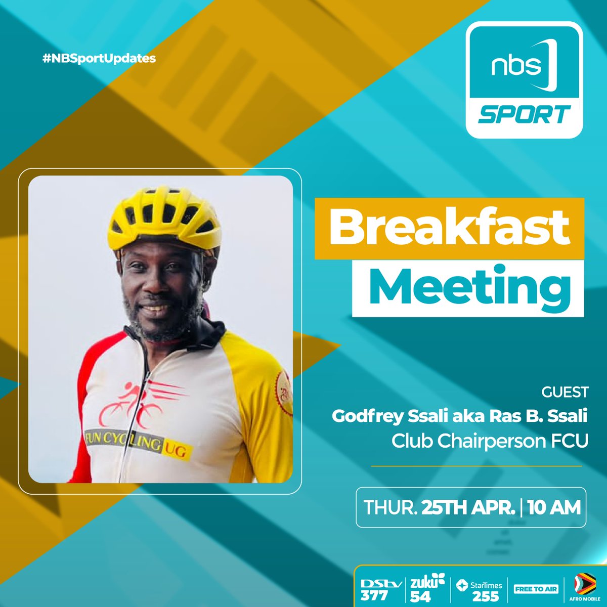 Tomorrow morning at 10 am, catch the #NBSBreakFastMeeting where we shall host Stuart Luwemba, President-Elect of @RCKisaasiKyanja, and Godfrey Ssali, Club Chairperson of FCU, as they talk about the #RideAgainstMalaria event that will happen on Sunday.

#NBSportUpdates