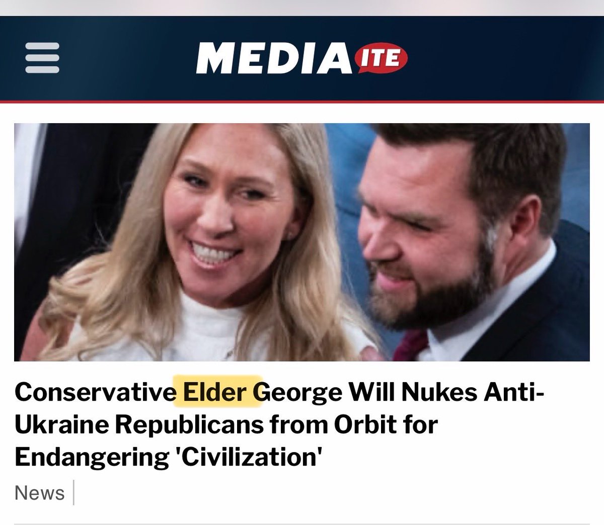 This headline got one thing correct: George Will is a dinosaur of the corrupt DC Establishment that has inflicted decades of constant war and economic disenfranchisement upon regular Americans. ⁦@mtgreenee⁩ & ⁦@JDVance1⁩ should wear his scorn as a badge of honor.