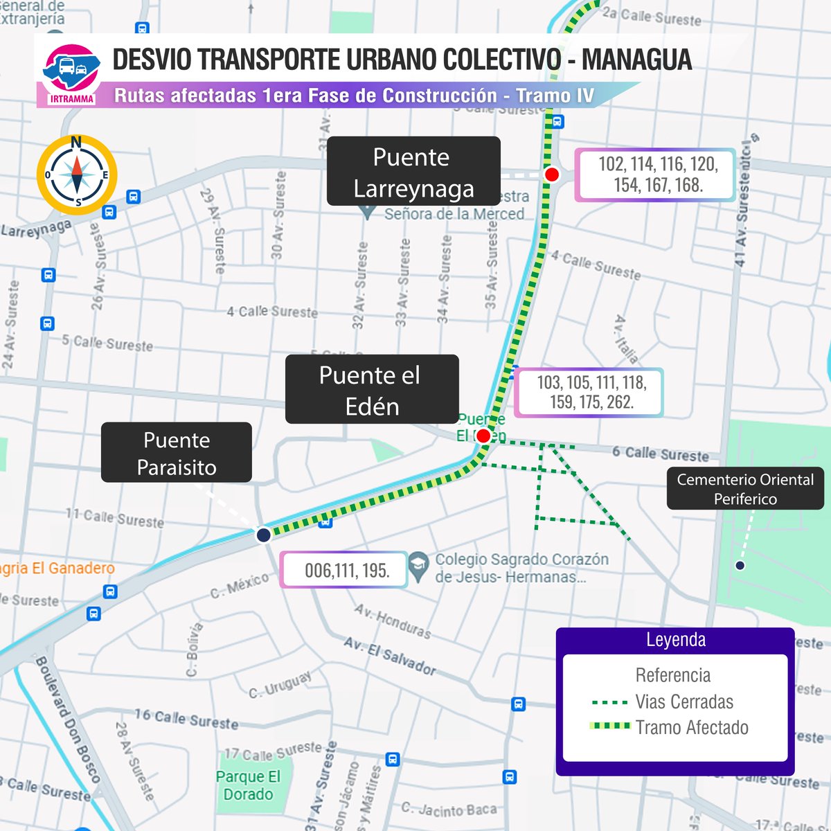 🚧🚌 ¡Atención! Se informa sobre los desvíos de transporte urbano en Managua afectados en la primera fase de construcción en el Tramo IV de la Pista Juan Pablo II.

🙌🏼Mantente informado para evitar contratiempos