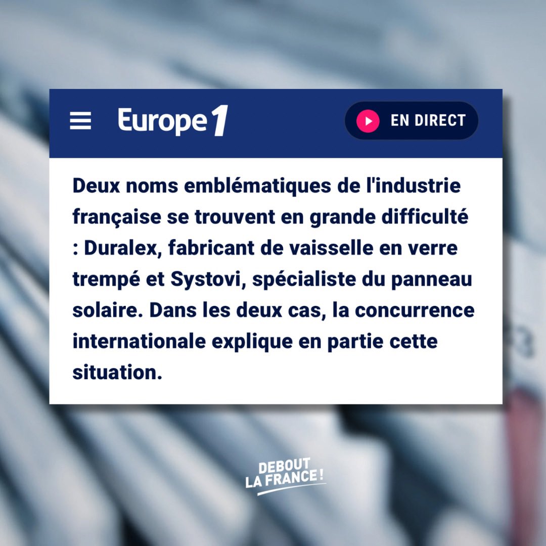 Après #Systovi (panneaux solaires), c’est au tour de #Duralex d’être en redressement judiciaire. L’UE permet une concurrence internationale déloyale qui tue notre industrie à petit feu ! Arrêtons ce suicide, défendons notre industrie !