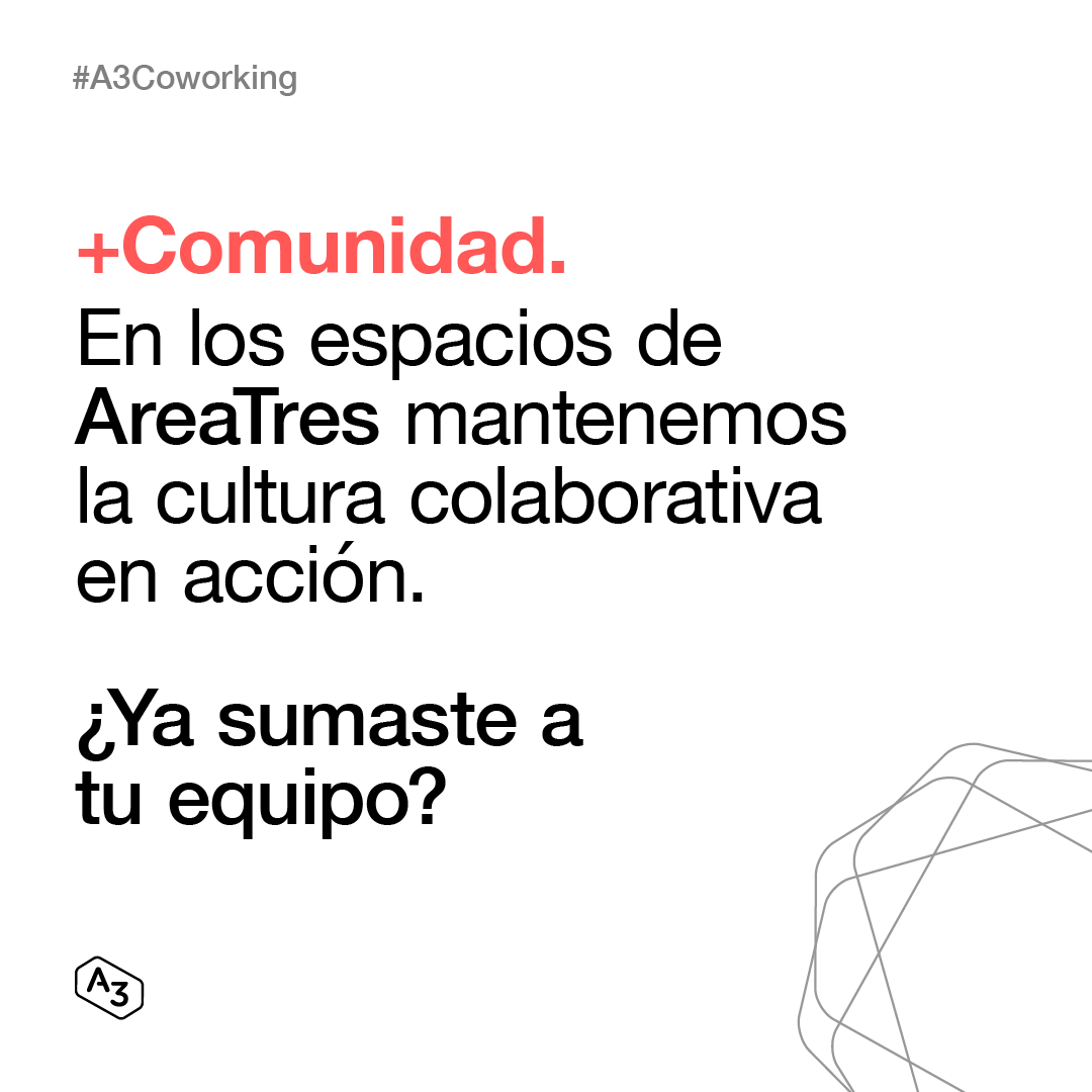 ¿Ya sumaste a tu equipo a la #ComunidadA3?

#Startups #ComunidadA3 #EcosistemaEmprendedor #Coworking #Oficina #TuOficinaIdeal #AreaTres #SolucionesVersátiles #Networking #Flex #Palermo