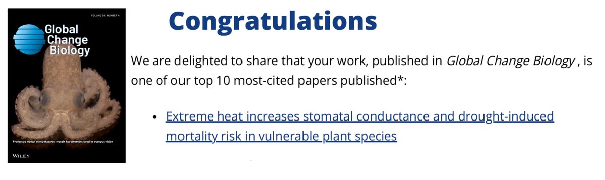 Congrats to <a href="/ReneeProko/">Renee Marchin Prokopavicius</a> for her <a href="/GlobalChangeBio/">Global Change Biology</a> paper, now in the top 10 of all GCB papers published in 2022-23! Read our work for free: onlinelibrary.wiley.com/doi/10.1111/gc… <a href="/UCDavisPlants/">UCDavisPlants</a>