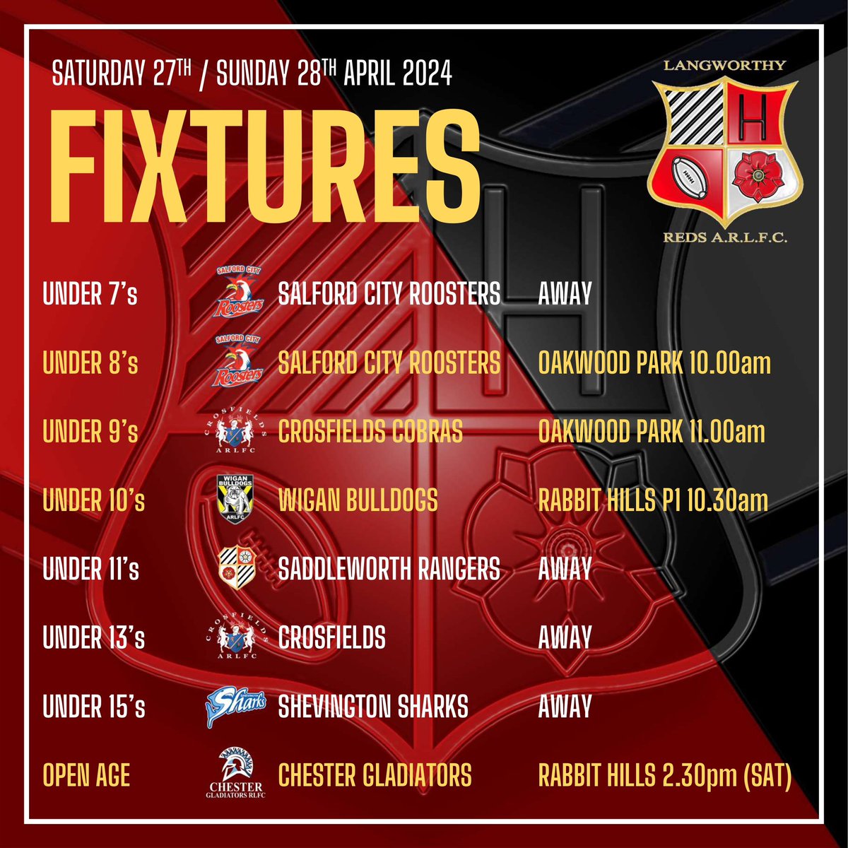 All our teams are in action this weekend coming with 4 at home and 4 away. The Under 13’s game at Crosfields is a league and Lancashire Cup 2nd round double header. It’s also another home game for the Open Age on Saturday as we host Chester Gladiators. Good luck to all teams!