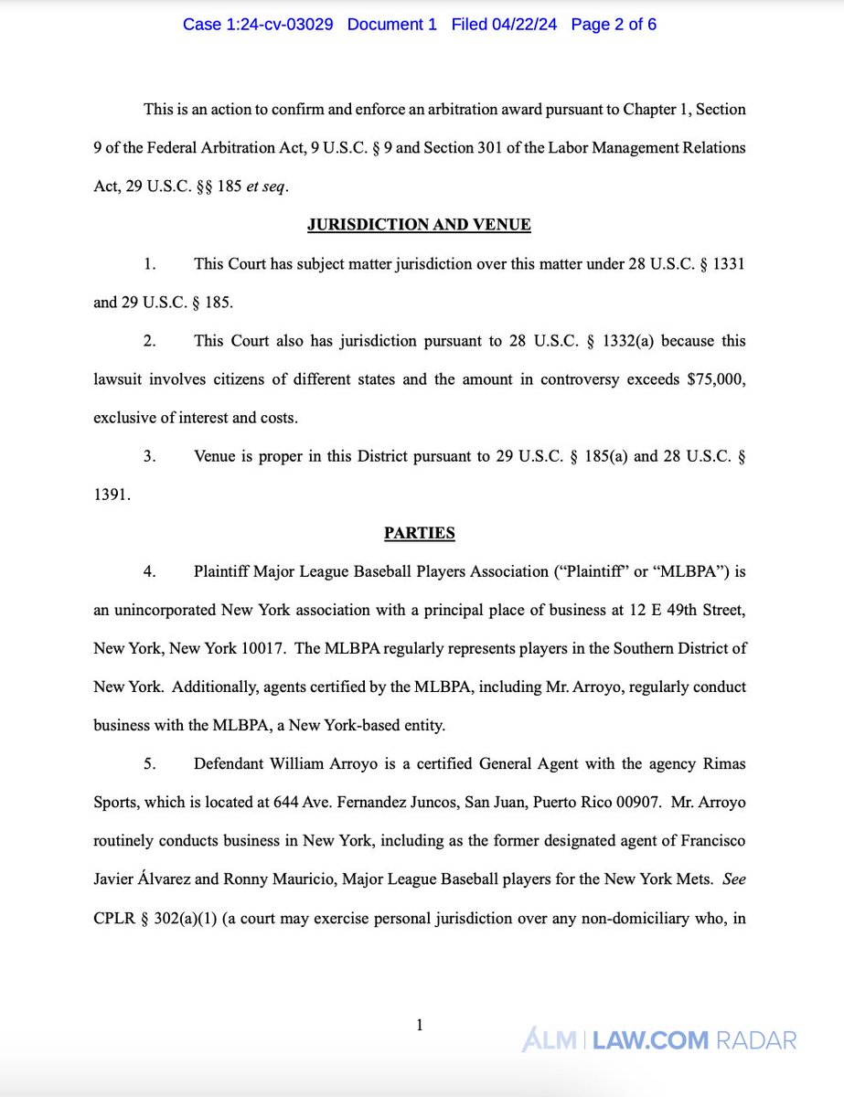 The Major League Baseball Players Association, represented by Winston & Strawn, filed suit against a general agent and two executives of the sports agency founded by recording artist Bad Bunny. #lawdotcomradar law.com/radar/newsfeed…