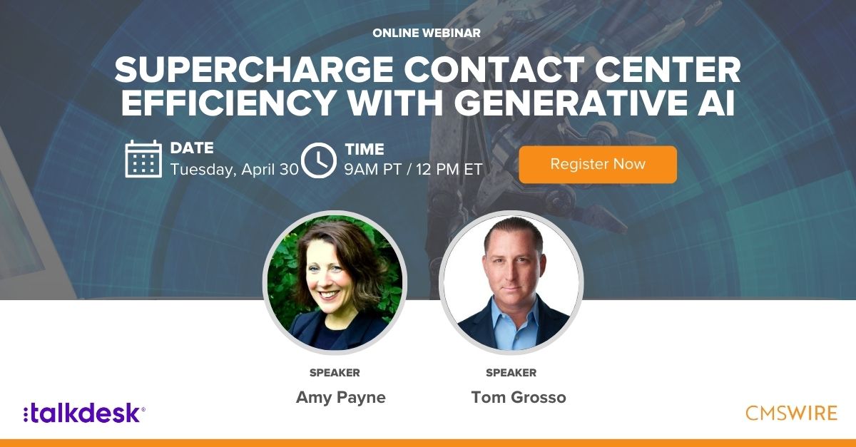 Unlock the power of generative AI in your contact center. Join us live on April 30 at 9am PT / 12pm ET to learn from @Talkdesk and @CAI_Insights how to automate customer interactions and reduce post-call documentation time by over 8 minutes. Register now: bit.ly/3xVOQWA