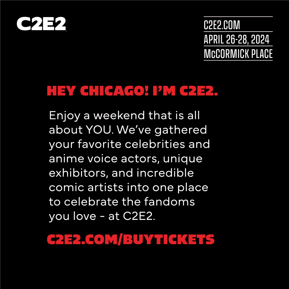 Celebrate the 15th edition of C2E2 – Chicago’s Comic & Entertainment Expo April 26-28 at McCormick Place. Meet your fav celebs from Stranger Things, Dune 2, Scream, Hannibal, One Tree Hill, Back to the Future, Kingdom Hearts, & much more! Buy tickets: C2E224.com/BuyTickets
