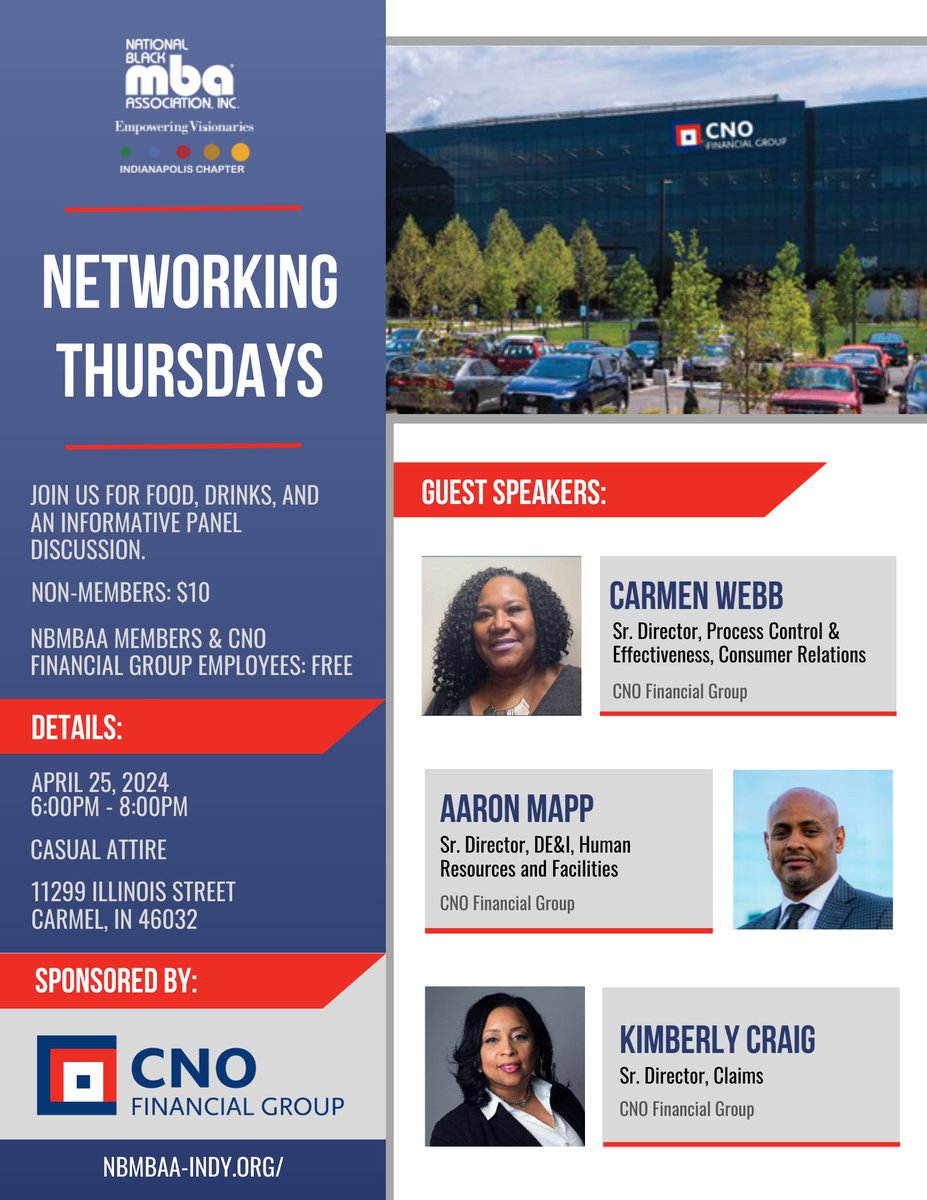 Only 1 day left until #NetworkingThursdays! Join the @nbmbaahq #IndyChapter & @CNOFinancial for food, drinks & an informative #paneldiscussion. #RSVP at bit.ly/3PETQVS. Interested in joining the #NBMBAA? Visit nbmbaa.org/joinnbmbaa/. #nbmbaaindy #carmelevents