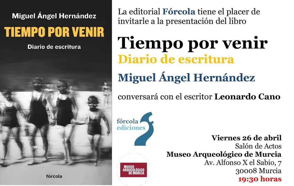 Y este viernes, el trueno gordo: la presentación de #Tiempoporvenir en Murcia, con mi carnal @leonardocano_. Lo pasaremos bien y será divertido. Si os apetece, me encantará encontraros allí.