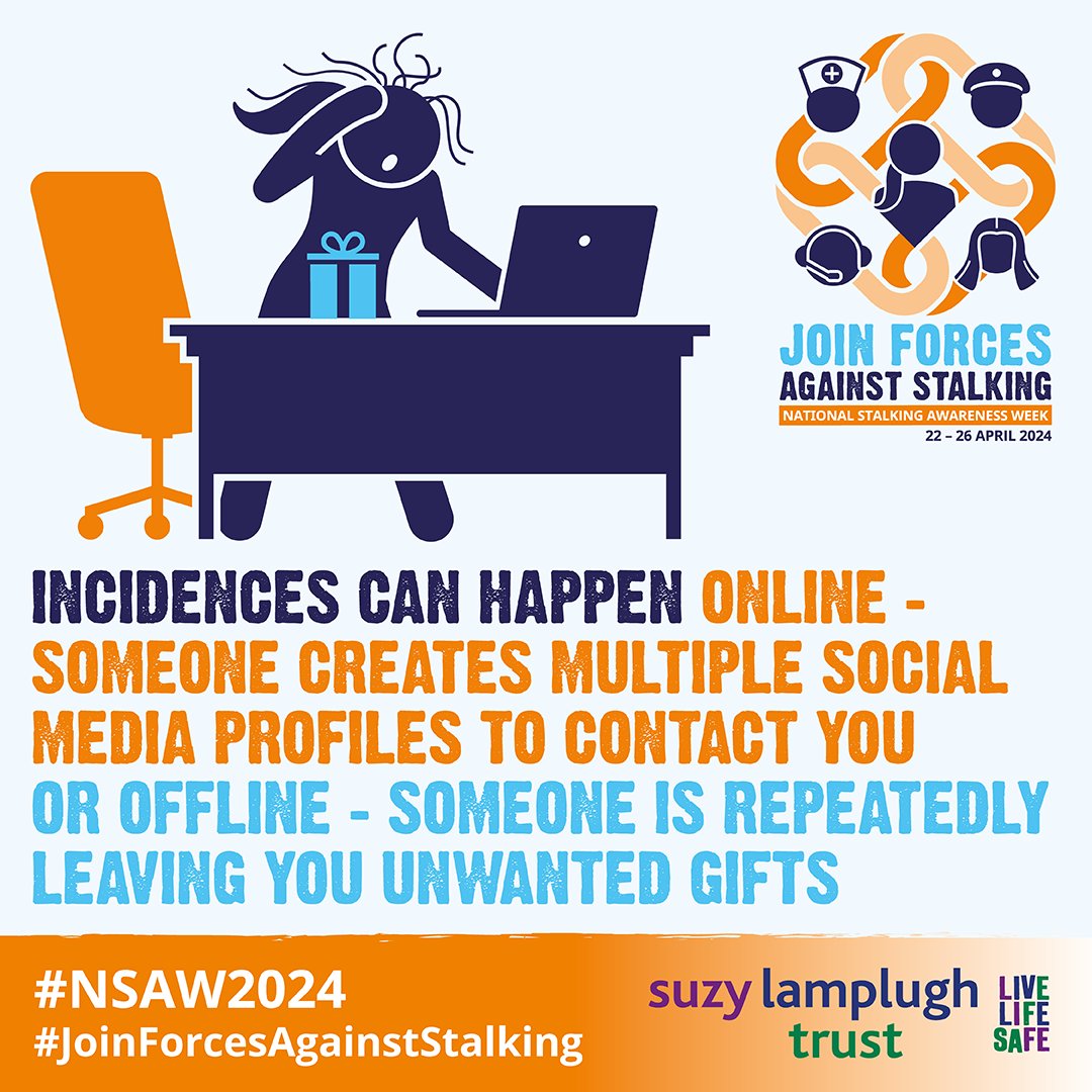 #NSAW24 #StandingAgainstStalking Someone you know could be stalking you; an ex-partner or a person you were friends with, or it might be a stranger. It doesn't mean it's your fault; Report it. Stop Domestic Abuse: orlo.uk/veyIB More info: orlo.uk/G7Akk