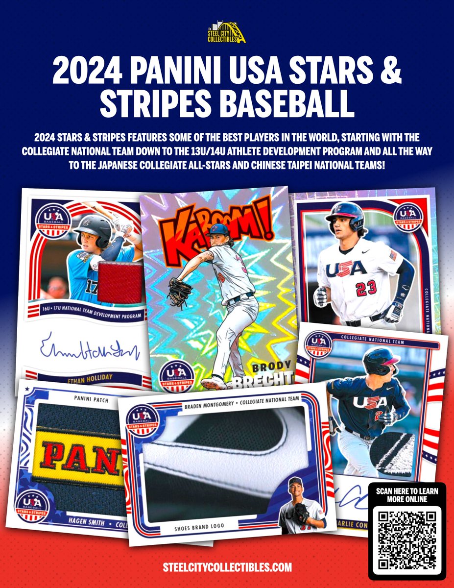 NEW! Details for 2024 Panini USA Stars & Stripes Baseball are now available on SteelCityCollectibles.com! Learn more about this upcoming release and sign up to get an email notification for when it goes on sale 👉 bit.ly/3UvZoVl #WhoDoYouCollect #Baseball