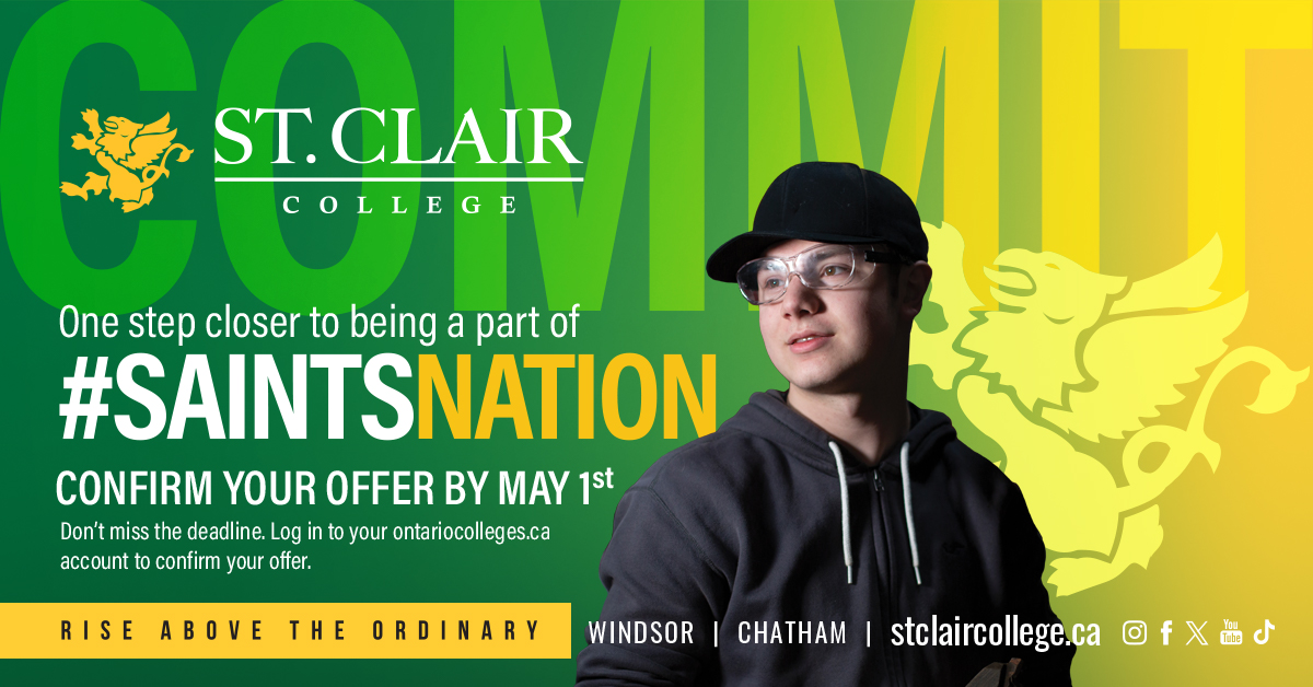 Have you been offered admission to St. Clair College this fall? Congratulations! #SaintsNation is looking forward to welcoming you, but first, you must confirm your offer through OCAS. If you have questions, we're happy to help. Reach out today at discoverstclaircollege.ca
