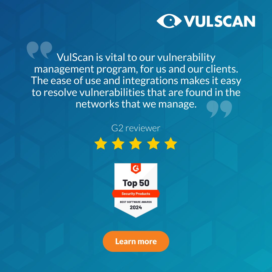 'VulScan is vital to our vulnerability management program, for us and our clients. The ease of use and integration makes it easy to resolve vulnerabilities that are found in the networks that we manage' -G2 reviewer Discover Vulscan for your business! bit.ly/43EZ8pV