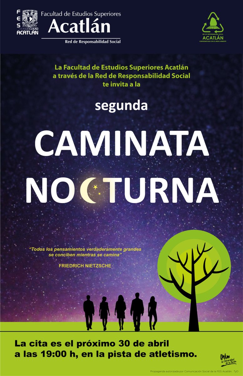 La RRS de la Facultad los invita a participar en la 2.ª Caminata Nocturna, disfruta este bonito evento abierto a toda la comunidad, no olvides tu calzado deportivo. #ÁCAnosVemos