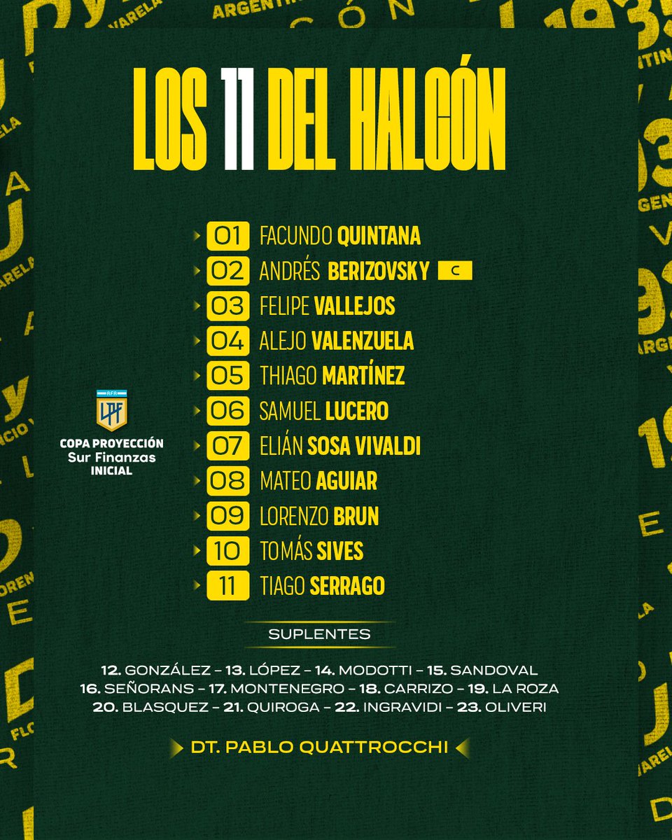 #CopaProyeccionSurFinanzas
 
✅¡Los 11 del halcón confirmados!  

Así forma #DefensayJusticia 

#VamosDefe💚💛💚