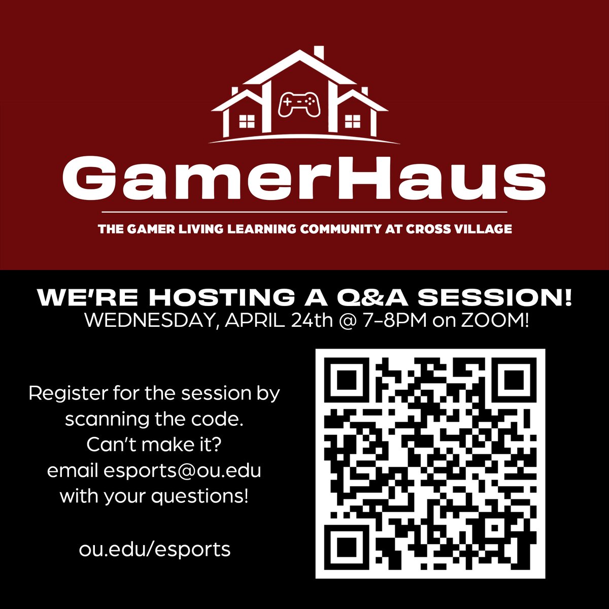 Just over 24 hours to get your app in freshmen gamers! Have questions? Get signed up for our QA tonight! Apply for The GamerHaus and/or attend the QA session here: ou.edu/esports/comple…