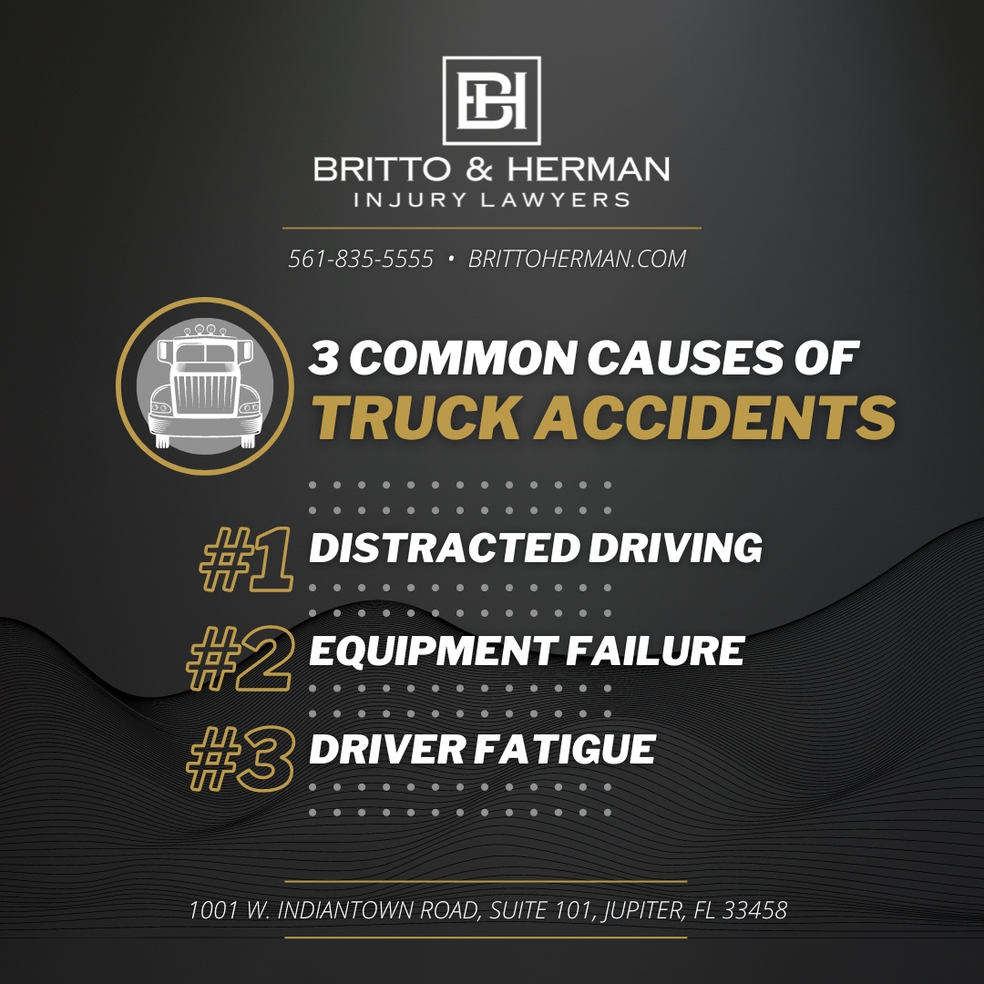🚚 On the Road: The Top 3 Causes of Truck Accidents 🛑 Distracted driving, equipment failure, driver fatigue. Awareness and caution can prevent these tragedies.
.
.
.
#TruckSafety #DriveAware #RoadSafety #jupiterflorida #palmbeachcounty #injurylawyer #caraccident #jupiterattorney