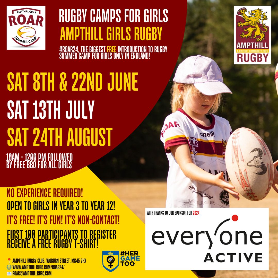 ℝ𝕆𝔸ℝ 𝕚𝕤 𝔹𝕒𝕔𝕜!

The biggest FREE Rugby Camp exclusively for Girls returns this Summer 🏉

4⃣ dates 
🍔 FREE BBQs 
👕 FREE T-Shirt for 1st 100 to register ✍️
🙋‍♀️ Special Guest Coaches 
🙏 Thanks to Sponsors @EveryoneActive 

Register ⤵️
📰 ampthillrufc.com/roar24/ #ROAR24