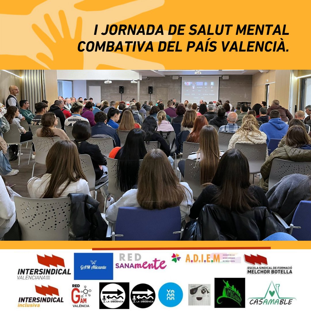 I #Jornada de #Salut Mental Combativa del País #Valencià. #Gràcies a totes i a tots per la gran participació! ESFMB: L'ESCOLA QUE ENS UNEIX! #mentalhealth
<a href="/IntersindicalV/">Intersindical_Valen</a> <a href="/IntersindicalI/">Intersindical Inclusiva</a> <a href="/RedSanamente/">RED SANAMENTE</a> #gamAlicante <a href="/GAMValencia/">Red GAM Valencia</a> <a href="/FundacionAdiem/">Salud Mental Fundación Adiem</a> #casAmable #RadioLaDisidiencia