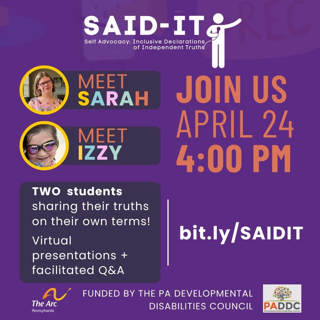 ONLY 1 HOUR TILL SHOWTIME! Tune in @ 4 pm TODAY to watch SAID-IT's 1st ever student performances. Sarah & Izzy will be sharing their truths on their own terms! SAID-IT is a program that elevates the voices of students w/disabilities. Register now: bit.ly/SAIDIT