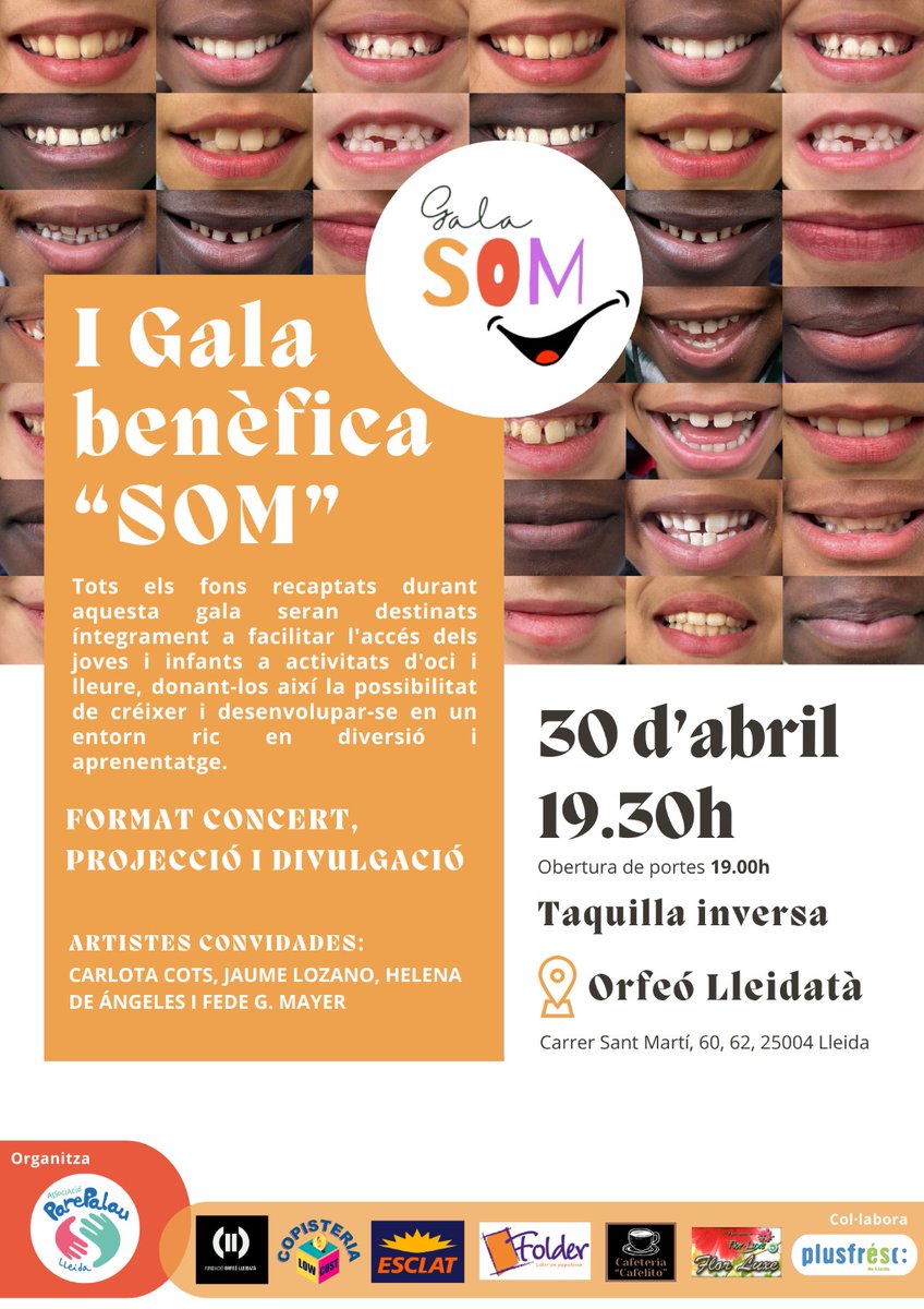 El proper 30 d'abril, a les 19:30 a l'@orfeolleidata, 1a Gala Benèfica 'SOM': concert solidari en benefici de l'Associació Pare Palau, que es dedica a oferir atenció a 80 nens i nenes en risc d'exclusió social i oferir suport a les famílies. Si podeu, ja sabeu!