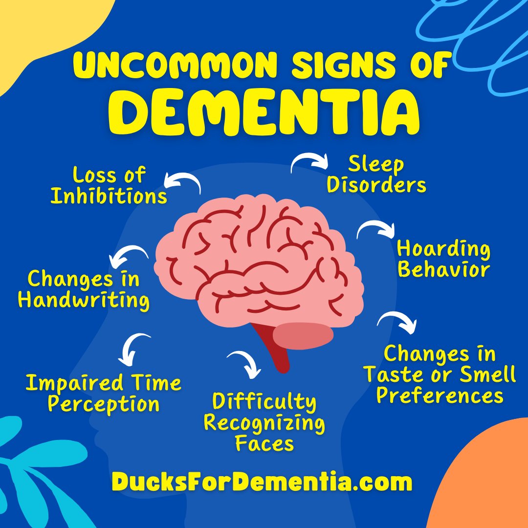 Dementia can manifest in various ways, and sometimes signs can be subtle or less commonly recognized. Here are 7 uncommon signs that might indicate dementia.

💻 ducksfordementia.com

#ducksfordementia #dementia #dementiaawareness #alzheimers #alzheimersawareness