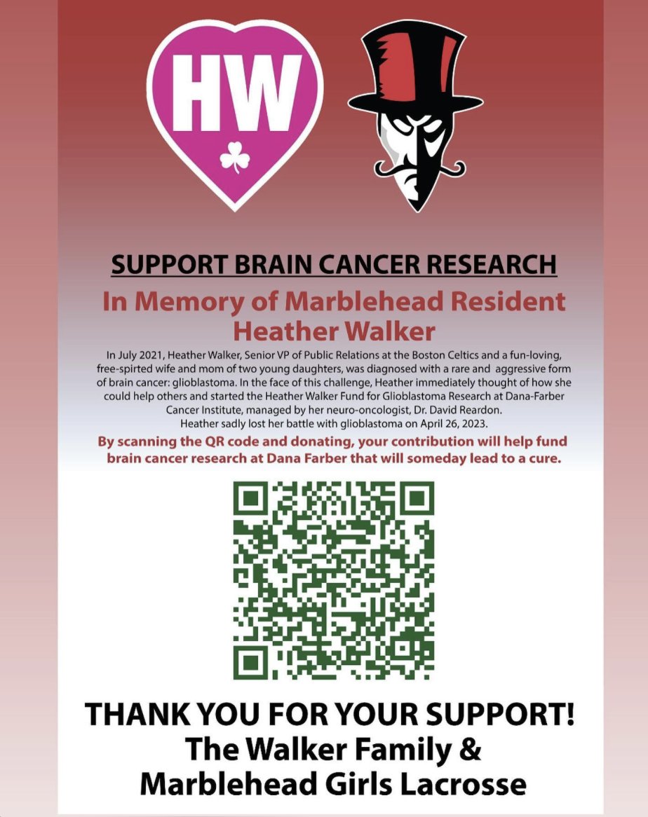 Tomorrow's @MHDglax game v Salem played in honor of Heather Walker #move4heather 
Please support for the Walker Family and #BrainCancerAwareness
4:30 start at Piper Field
Donate to the Heather Walker Fund at @danafarber to help #glioblastoma research. 

Scan QR code to Donate.