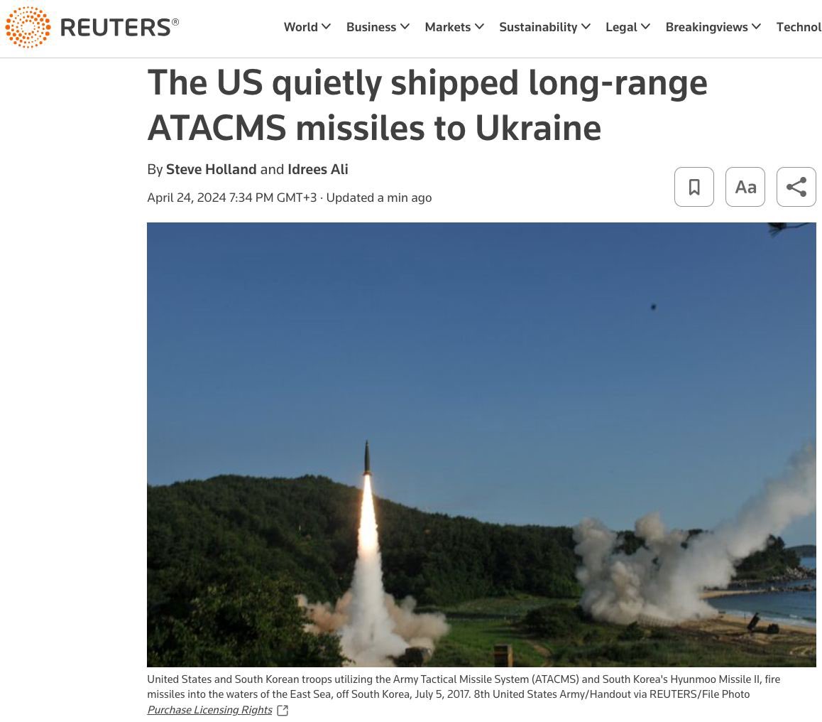 ⚡️The U.S. has supplied Ukraine with #ATACMS missiles, including them in the March package of military aid, without public announcements, Reuters reported.