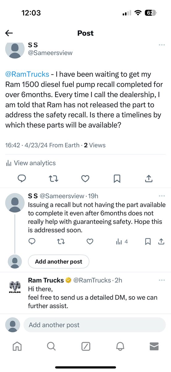 Sameersview's tweet photo. @RamTrucks Hi, I am following up on the diesel fuel pump recall. https://t.co/LJ8sDJDnro