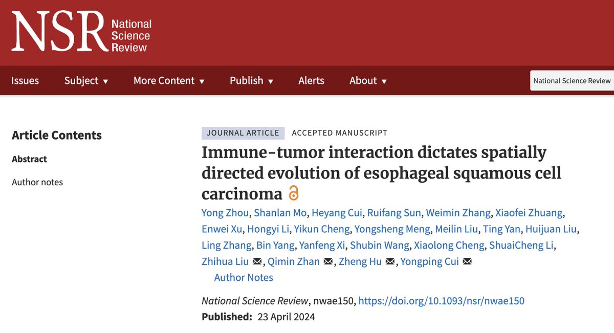 Our spatial tumor evolution and multi-omics heterogeneity study of esophageal squamous cell carcinoma (ESCC) is finally published at National Science Review (NSR). 1/4 academic.oup.com/nsr/advance-ar…