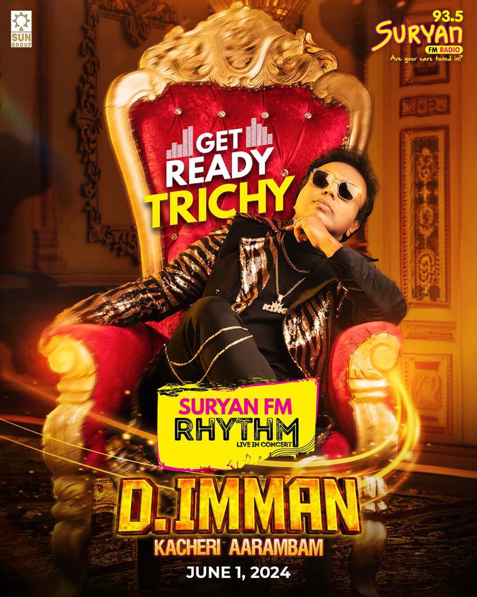 GET READY TRICHY 🔥 
SURYAN FM RHYTHM LIVE IN CONCERT WITH D.IMMAN 🎵
KACHERI AARAMBAM 😍
@SunTV @SuryanFM @immancomposer @onlynikil 
#SuryanFMRhythm #RhythmLiveInConcert #Trichy #SuryanFM #DImman