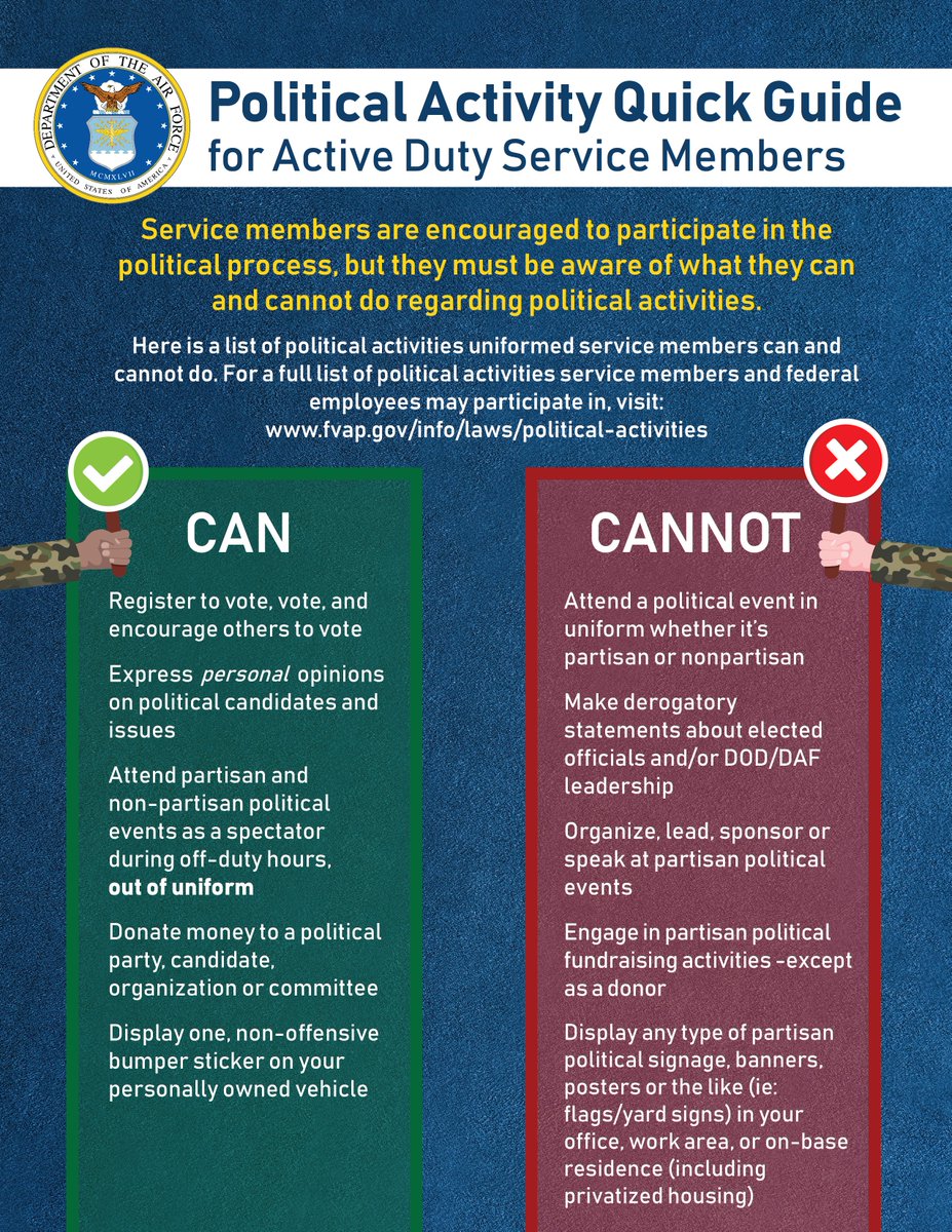 Election season is coming up and we encourage all uniformed #Guardians to take part in the election process. Here’s a quick guide to political activities uniformed service members can and cannot participate in.” Detailed info here: spaceforce.mil/News/Article-D…