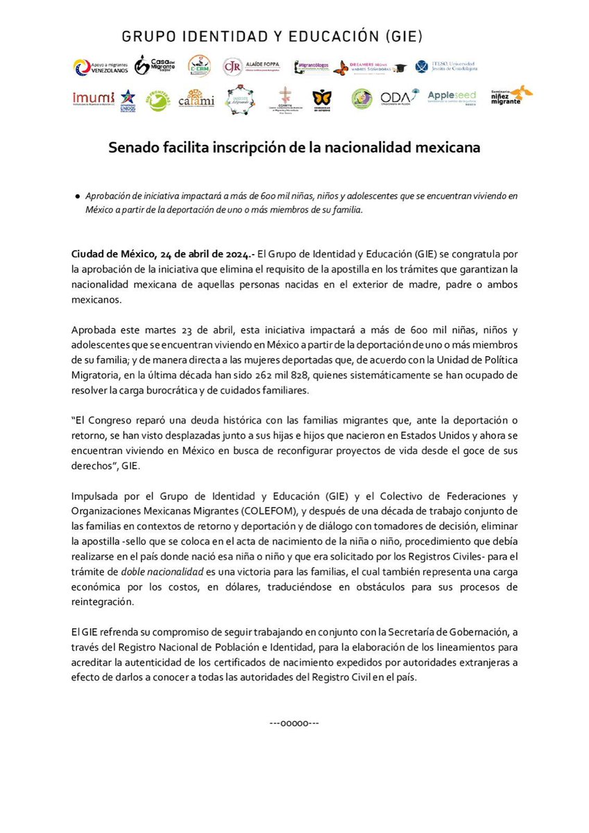 📰 #Comunicado #Doblenacionalidad 📣 Desde el #GIE nos congratulamos con la decisión del @senadomexicano de eliminar #apostilla para la inscripción de la nacionalidad mexicana, una deuda histórica con las familias en contextos de retorno y deportación.