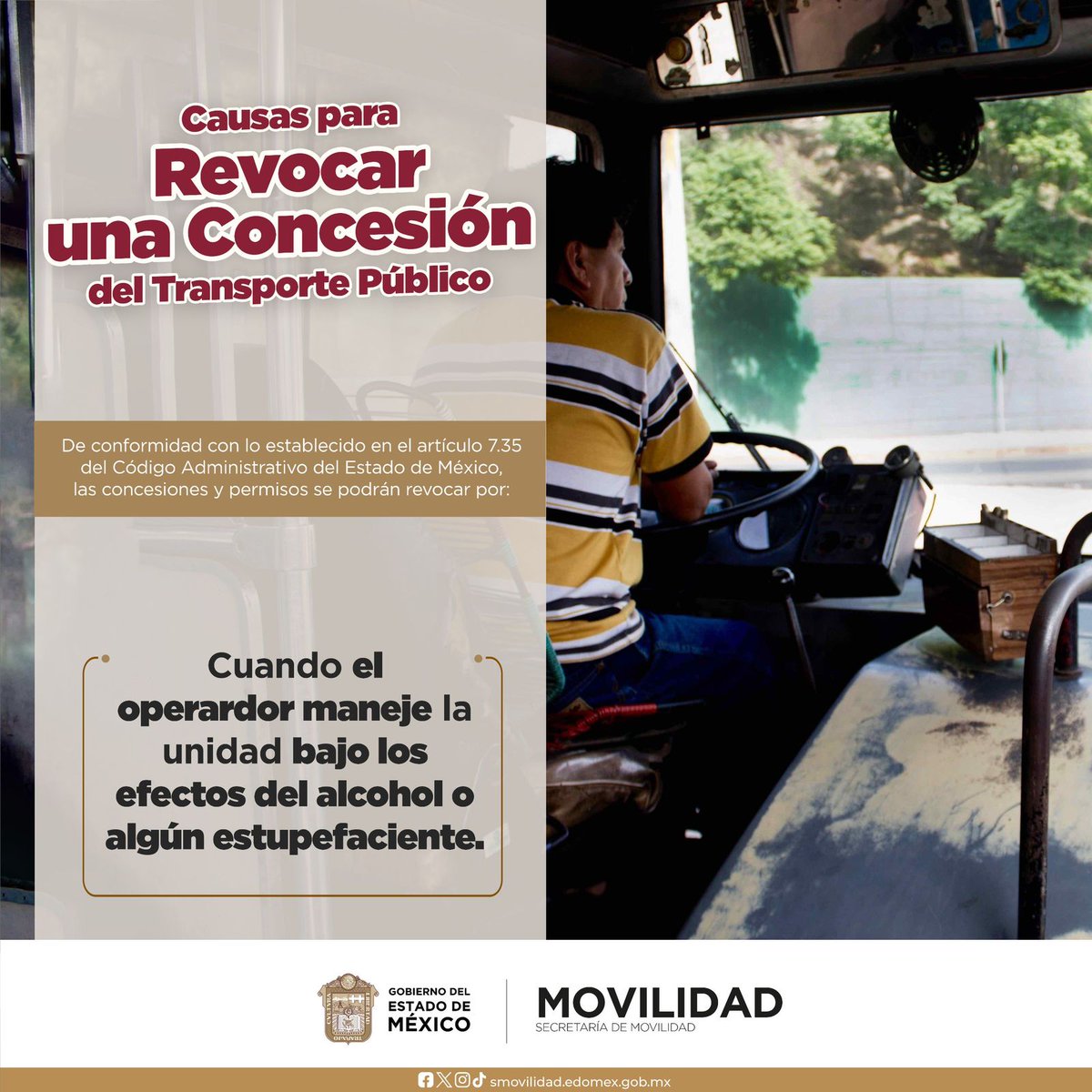 Recuerda todo operador de transporte público que maneje inadecuadamente bajo los efectos de alcohol o de algún estupefaciente, será sancionado y causara la revocación de la concesión.
#MovilidadParaTodos
@SEMOV_Edomex