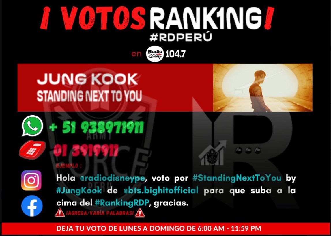 🗳VOTOS RANKINGRDP➡️#8 (=)💪🙆‍♀️ 🔥 SIGAMOS CON LOS VOTOS,ARMY🔥 1⃣ Por WhatsApp📲 wa.me/51938971911 2⃣ O llama al ☎️ 01-3919911 3⃣ Por IG🙆‍♀️instagram.com/p/C5_71o7uMHp/ Ejm: Voto por #StandingNextToYou by #JungKook de #BTS para que suba puestos en el #RankingRDP.