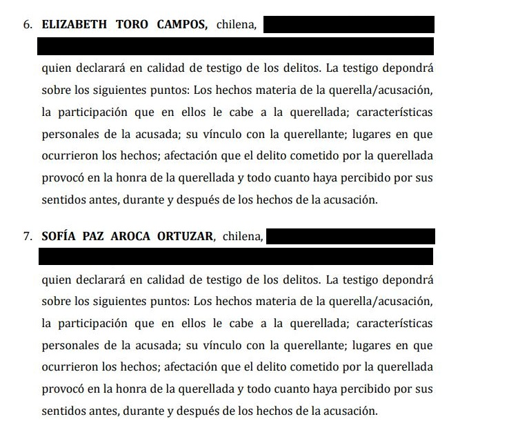 Les voy a dejar un ejercicio bien práctico para que saquen sus conclusiones Estos son los testigos dentro de la querella de Maite Orsini contra Daniela Aranguiz......