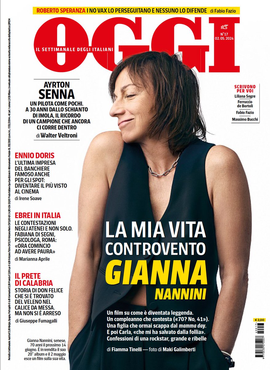 In edicola: #GiannaNannini una vita controvento; #AyrtonSenna, a 30 anni dallo schianto, il campione ci corre dentro; L’ultima impresa di #EnnioDoris: è il più visto al cinema; #israele, le contestazioni negli atenei. E i nostri #LilianaSegre <a href="/fabfazio/">Fabio Fazio</a> <a href="/DeBortoliF/">Ferruccio de Bortoli</a> #MassimoBucchi