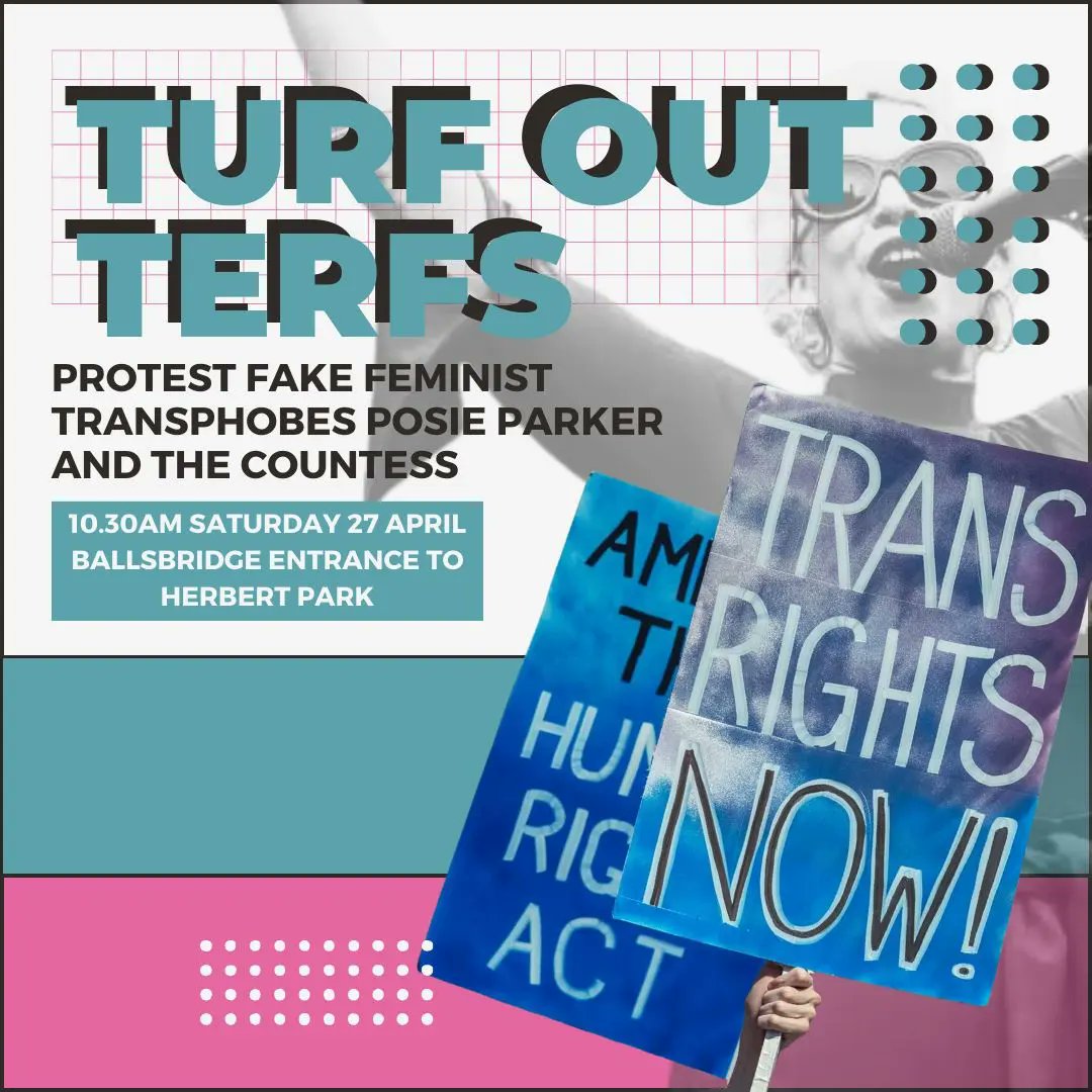 Turf out the terfs! Let’s remind Posie Parker and her transphobic and fascist friends that they are not welcome and have nothing to do with feminism! We will be organising a counter-protest, come on Saturday and don't let transphobes get a foothold in society!!