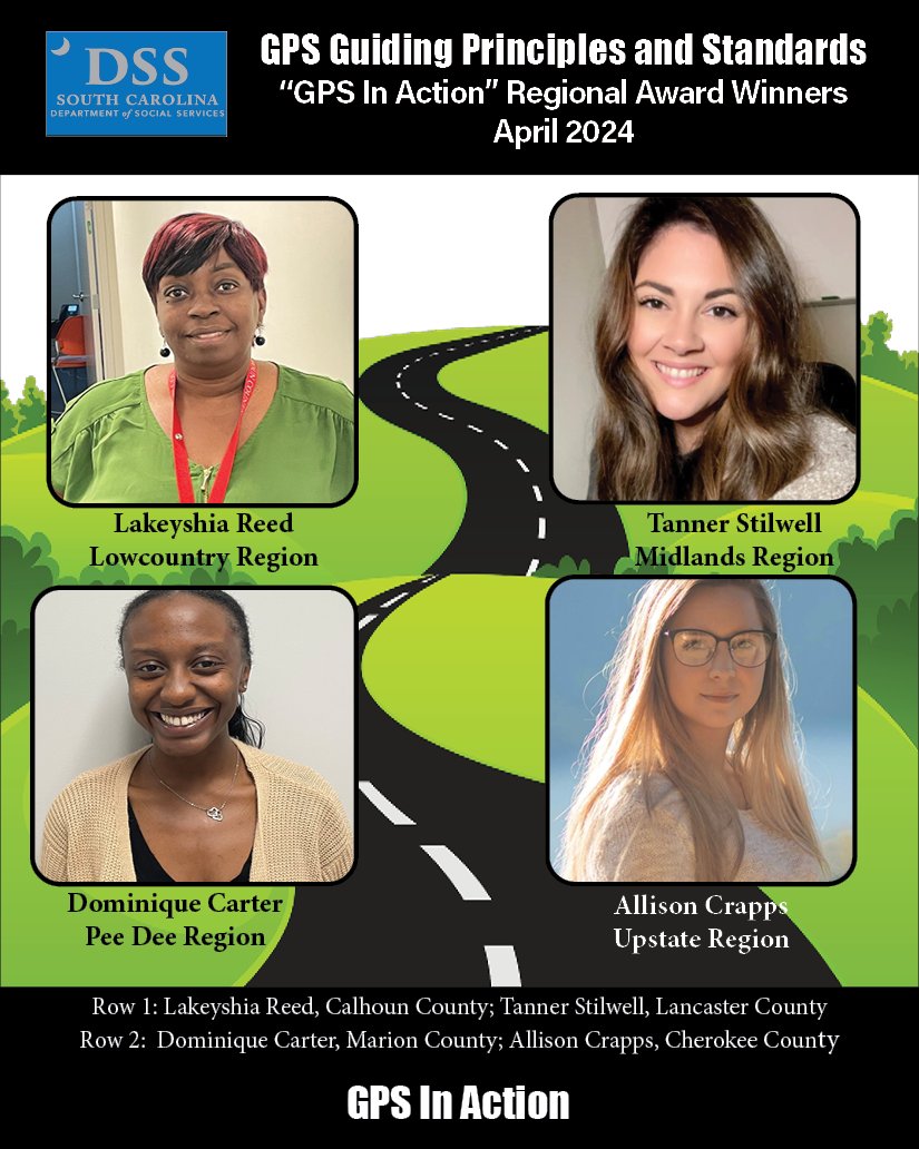 Congrats to the following DSS professionals who received the GPS in Action Award for April. The award recognizes Child Welfare Services professionals who are exemplifying the GPS vision & values, guiding principles, & core practice skills in their daily work. #BetterTogether