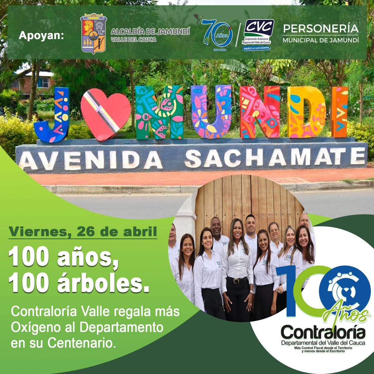 ContraloraValle's tweet photo. #jamundivalle
#EsteViernes, #26Abril, la @ContraloraValle, con el apoyo de la @CvcAmbiental, @alcaldiajamundi  y la @persojamundi, sembrará 100 ÁRBOLES en la Avenida SACHAMATE de este municipio, como acto simbólico en conmemoración de los #100añosdehistoria. https://t.co/DoyApYogVt