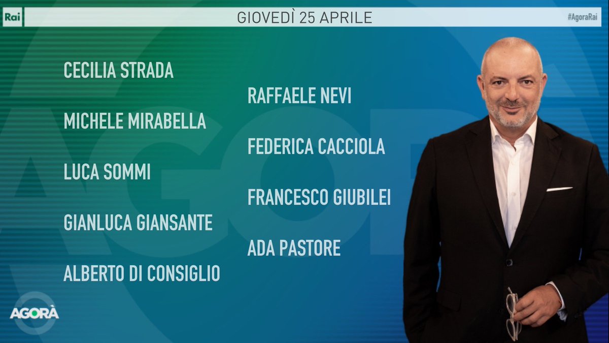 Ecco gli ospiti di Roberto Inciocchi di giovedì #25aprile ad #AgoraRai. Vi aspettiamo dalle 8.00 alle 09:45 su #Rai3 e #RaiPlay.